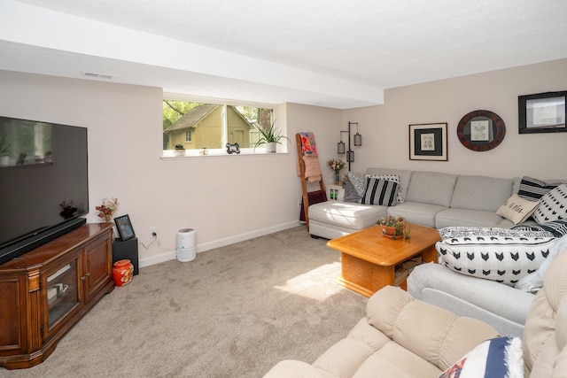 living area with carpet flooring and baseboards