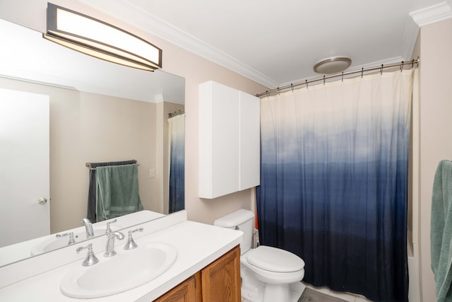 bathroom with ornamental molding, vanity, toilet, and a shower with curtain