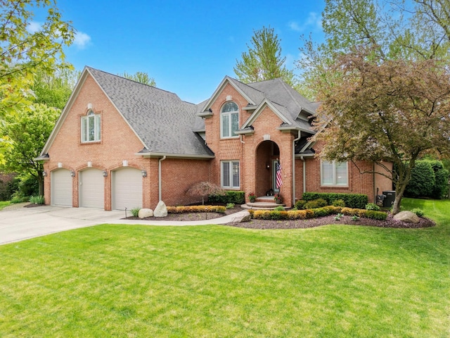 28022 Ashland Ave, Harrison Township, MI 48045 - traditional-style home with brick siding, a garage, driveway, a front lawn, and a shingled roof