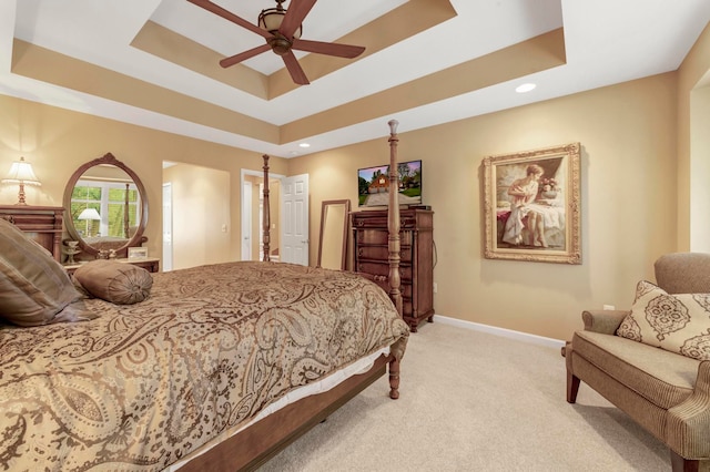 28022 Ashland Ave, Harrison Township, MI 48045 - bedroom featuring light colored carpet, a raised ceiling, baseboards, recessed lighting, and ceiling fan