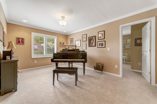 28022 Ashland Ave, Harrison Township, MI 48045 - living area with light colored carpet, baseboards, crown molding, and a desk