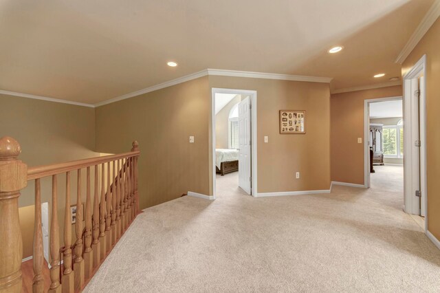 28022 Ashland Ave, Harrison Township, MI 48045 - hall featuring light carpet, recessed lighting, ornamental molding, an upstairs landing, and baseboards