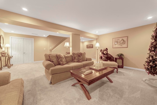 28022 Ashland Ave, Harrison Township, MI 48045 - living room featuring light carpet, recessed lighting, baseboards, and stairway