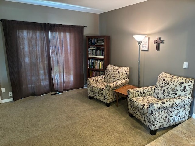 living area featuring carpet
