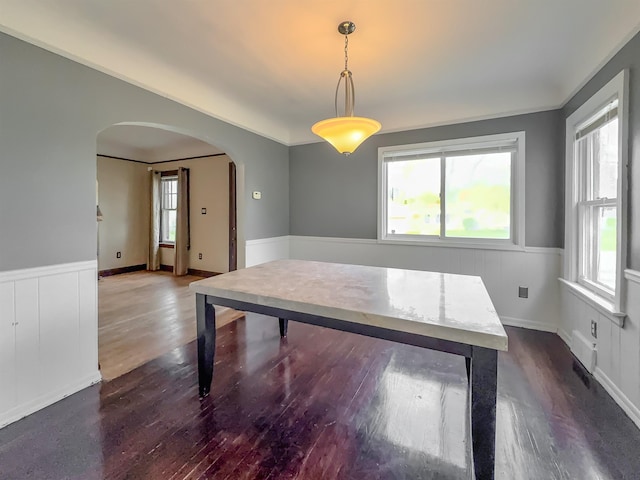 dining area with arched walkways, wainscoting, plenty of natural light, and dark wood-type flooring