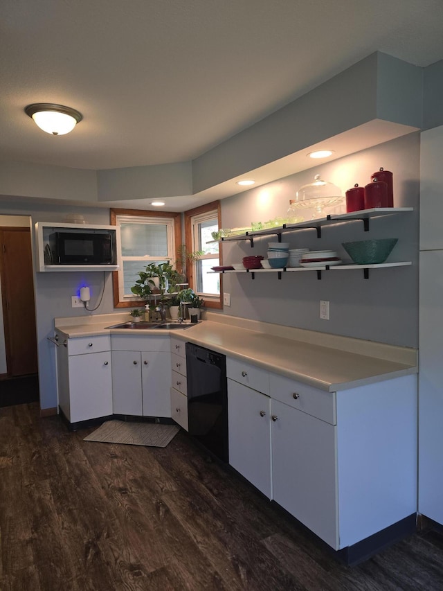 kitchen featuring open shelves, black appliances, a sink, and dark wood-style floors