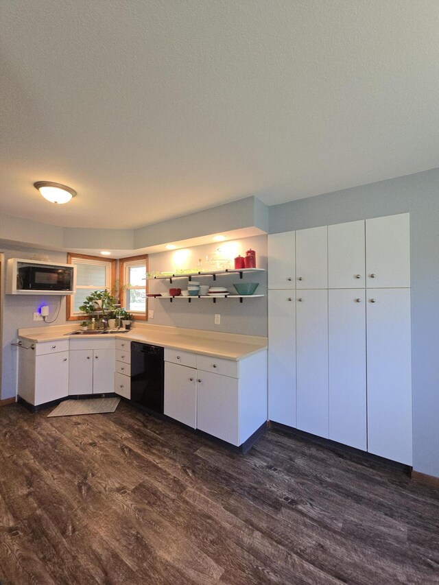 kitchen featuring black appliances, dark wood-style floors, open shelves, and white cabinetry