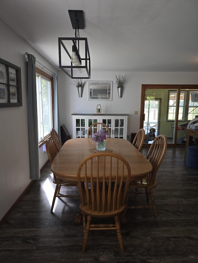 dining room with wood finished floors, a chandelier, and baseboards