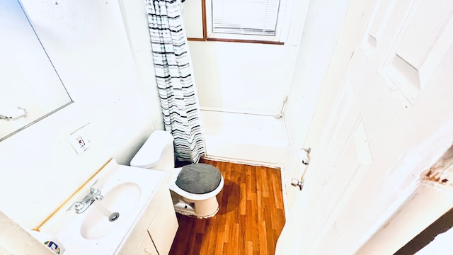 13646 Ryan Rd, Hamtramck, MI 48212 - bathroom featuring wood finished floors, toilet, vanity, and curtained shower