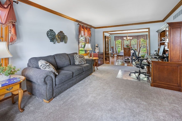 34570 Navin Ct, Livonia, MI 48152 - living area with carpet, an office area, a chandelier, and crown molding