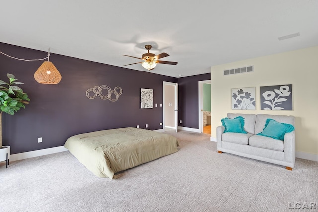 bedroom featuring baseboards, carpet floors, and ceiling fan