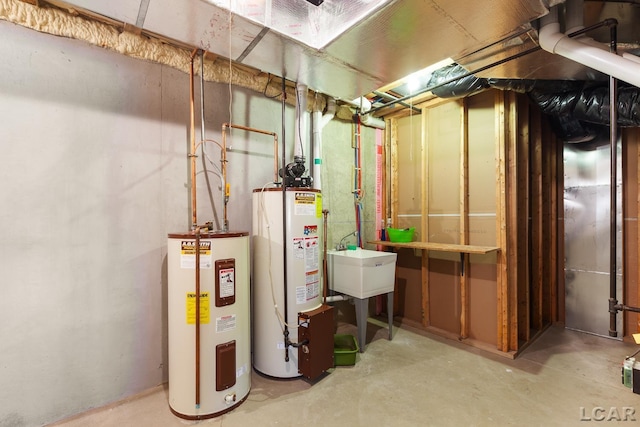 utility room with water heater and a sink