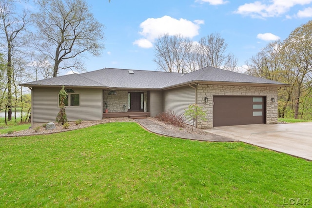 view of front of property featuring an attached garage, driveway, stone siding, and a front lawn
