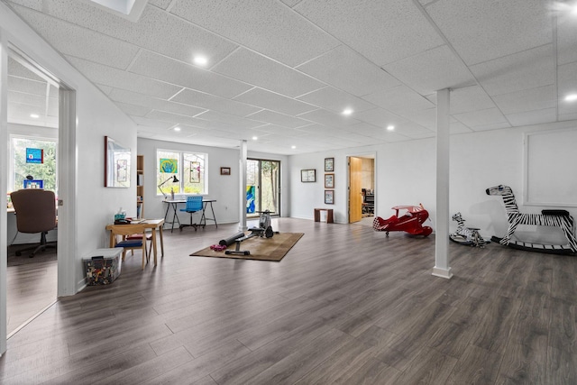 workout room featuring wood finished floors and a paneled ceiling