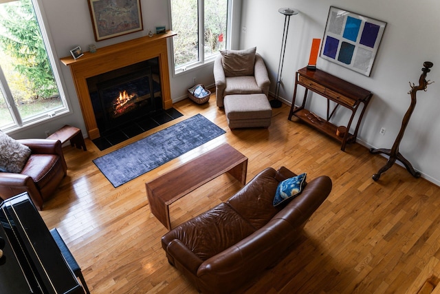 living area with a fireplace with flush hearth, hardwood / wood-style floors, and baseboards
