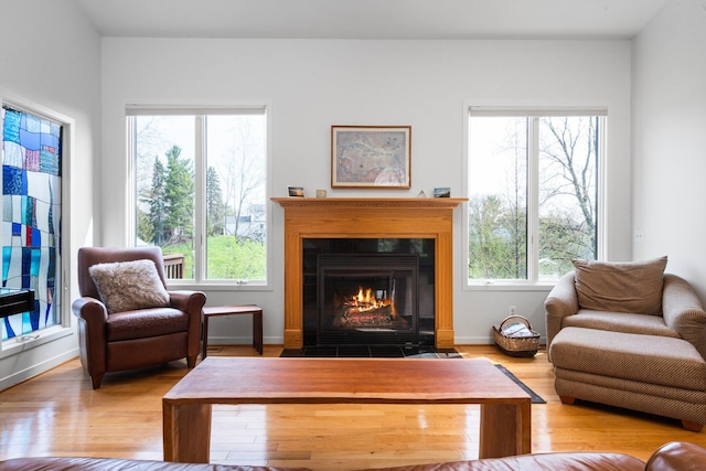 sitting room with wood finished floors and a fireplace with flush hearth