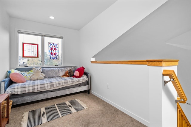 bedroom featuring carpet, baseboards, and recessed lighting