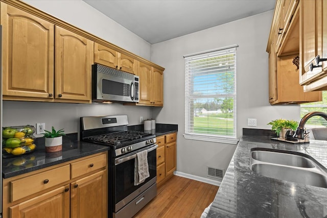 5949 High Point Ct, Brighton, MI 48116 - kitchen with stainless steel appliances, a sink, light wood finished floors, dark stone counters, and baseboards
