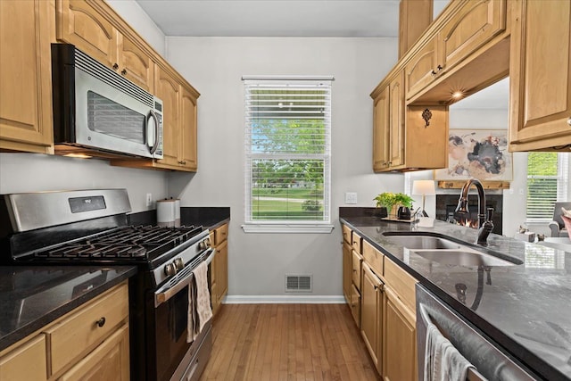 5949 High Point Ct, Brighton, MI 48116 - kitchen with appliances with stainless steel finishes, a sink, dark wood-style flooring, dark stone countertops, and baseboards