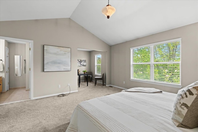 5949 High Point Ct, Brighton, MI 48116 - bedroom with lofted ceiling, baseboards, and light colored carpet