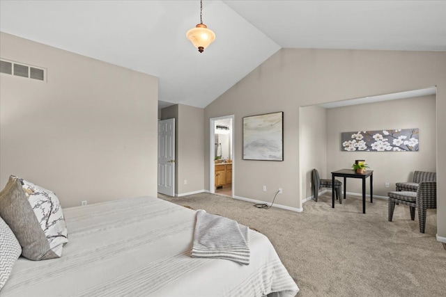 5949 High Point Ct, Brighton, MI 48116 - carpeted bedroom featuring lofted ceiling, baseboards, and ensuite bath