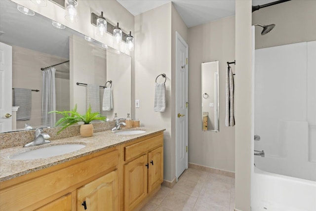 5949 High Point Ct, Brighton, MI 48116 - bathroom with baseboards, tile patterned flooring, shower / bathtub combination with curtain, and double vanity