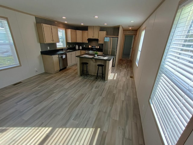 1204 Carlton Ct, Plainwell, MI 49080 - kitchen with stainless steel appliances, dark countertops, a center island, light wood finished floors, and under cabinet range hood