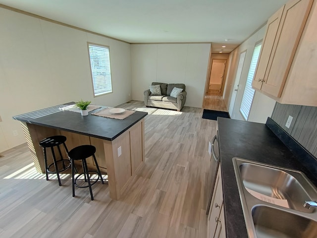 1204 Carlton Ct, Plainwell, MI 49080 - kitchen with a sink, dark countertops, light wood finished floors, a breakfast bar, and a kitchen island