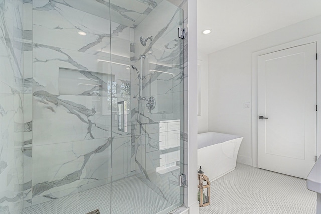3542 Royal Ave, Berkley, MI 48072 - bathroom with a marble finish shower, a soaking tub, and recessed lighting