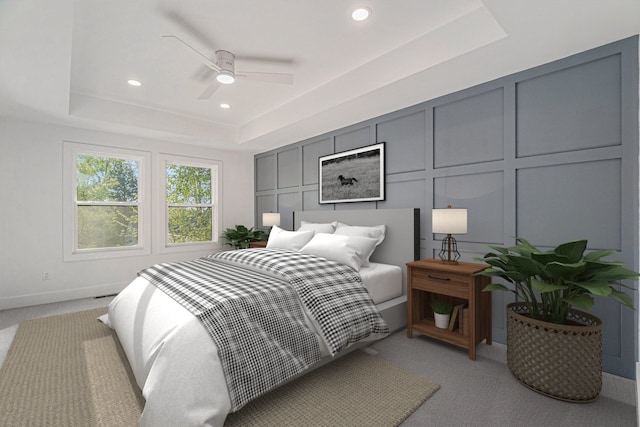 3542 Royal Ave, Berkley, MI 48072 - bedroom featuring a tray ceiling, light colored carpet, a decorative wall, recessed lighting, and a ceiling fan