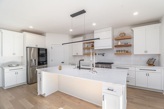 3542 Royal Ave, Berkley, MI 48072 - kitchen featuring stainless steel fridge, open shelves, light wood-type flooring, white cabinets, and recessed lighting