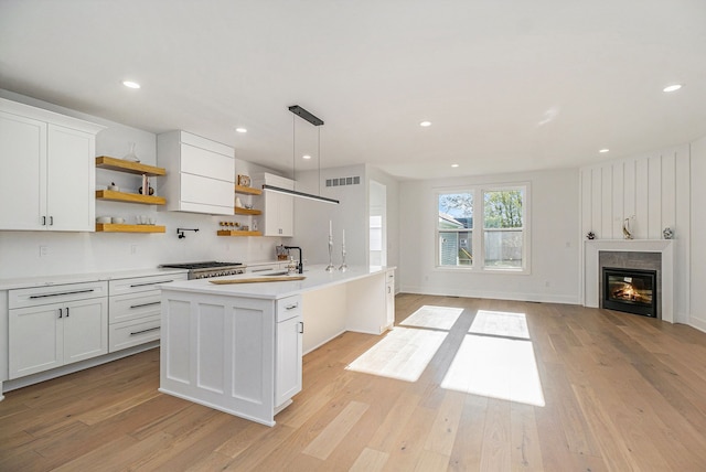 3542 Royal Ave, Berkley, MI 48072 - kitchen featuring open shelves, an island with sink, light countertops, light wood finished floors, and white cabinetry