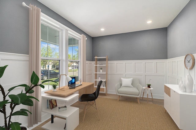3542 Royal Ave, Berkley, MI 48072 - office area featuring a wainscoted wall, a decorative wall, light wood finished floors, and recessed lighting