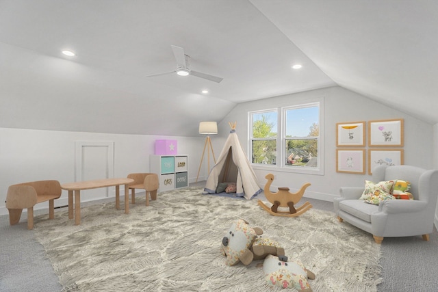 3542 Royal Ave, Berkley, MI 48072 - playroom featuring carpet flooring, lofted ceiling, a ceiling fan, baseboards, and recessed lighting
