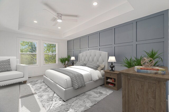 3542 Royal Ave, Berkley, MI 48072 - bedroom with a raised ceiling, a decorative wall, carpet, recessed lighting, and a ceiling fan