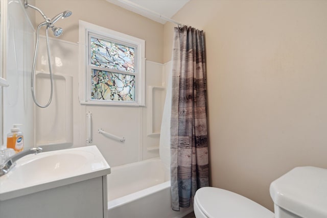 full bath with toilet, shower / bathtub combination with curtain, and vanity