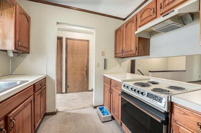 3217 Westminster Dr SE Unit 69, Grand Rapids, MI 49512 - kitchen with white electric range, under cabinet range hood, light colored carpet, crown molding, and light countertops