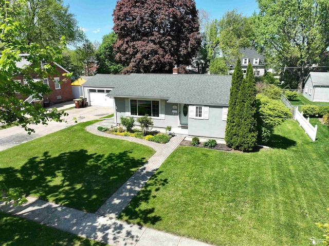 ranch-style house with a shingled roof, an attached garage, a chimney, stucco siding, and concrete driveway