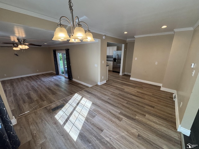 empty room with baseboards, dark wood-style flooring, ornamental molding, recessed lighting, and a ceiling fan