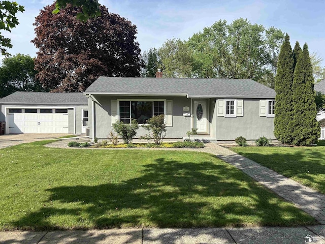ranch-style home featuring a front yard, stucco siding, an attached garage, and a chimney