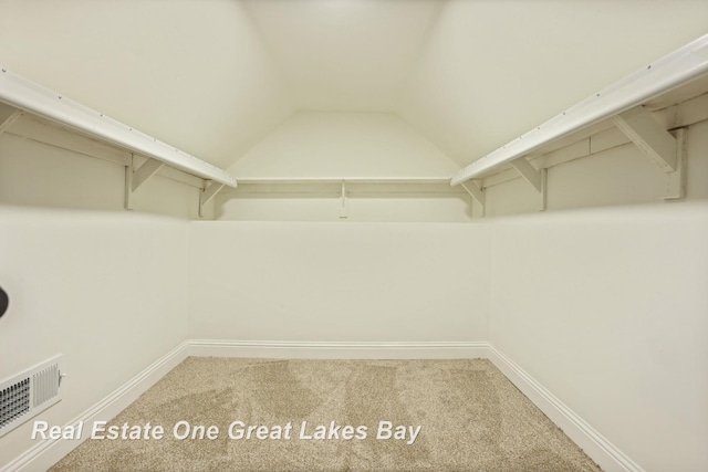 spacious closet featuring light colored carpet and lofted ceiling