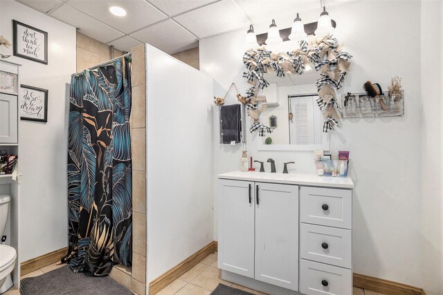 2660 Barber Rd, Grass Lake, MI 49240 - bathroom with toilet, vanity, a shower with curtain, tile patterned flooring, and baseboards