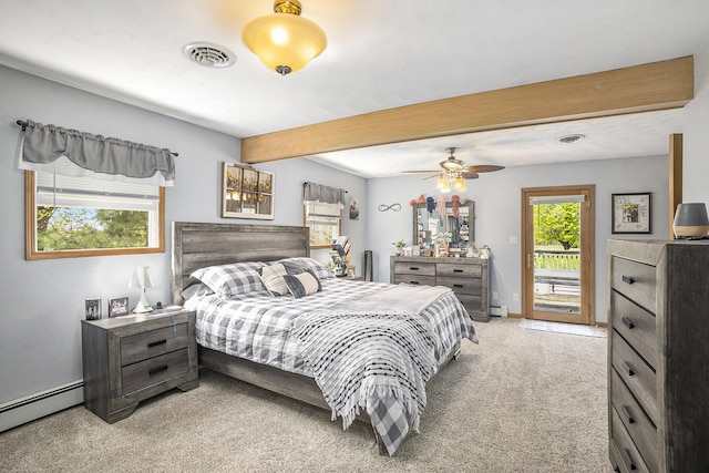 2660 Barber Rd, Grass Lake, MI 49240 - bedroom featuring a baseboard heating unit, access to outside, light carpet, beam ceiling, and baseboards