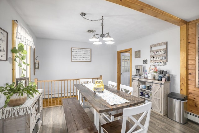 2660 Barber Rd, Grass Lake, MI 49240 - dining area featuring a baseboard radiator, wood finished floors, and a chandelier