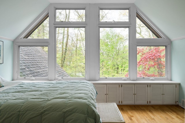 bedroom with vaulted ceiling, light wood-style floors, and multiple windows