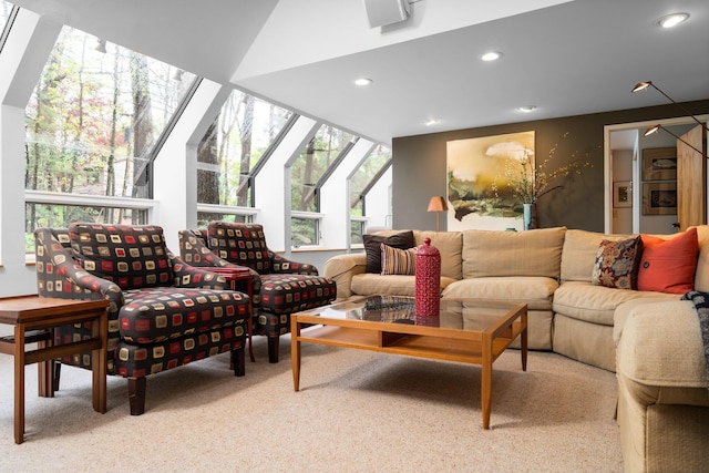 living room with carpet floors and recessed lighting