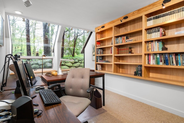carpeted office space featuring baseboards