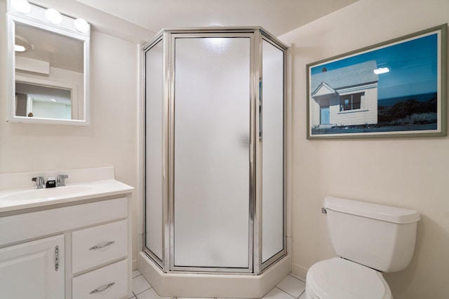 full bath featuring a stall shower, toilet, tile patterned flooring, and vanity