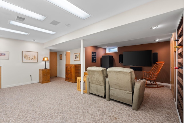 living room with light carpet and baseboards