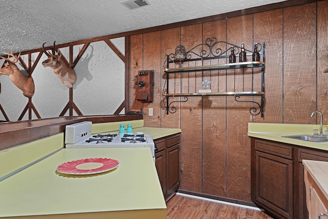2394 Cedar Crest Dr NE, Grand Rapids, MI 49525 - kitchen with a sink, light wood-style flooring, wood walls, light countertops, and a textured ceiling